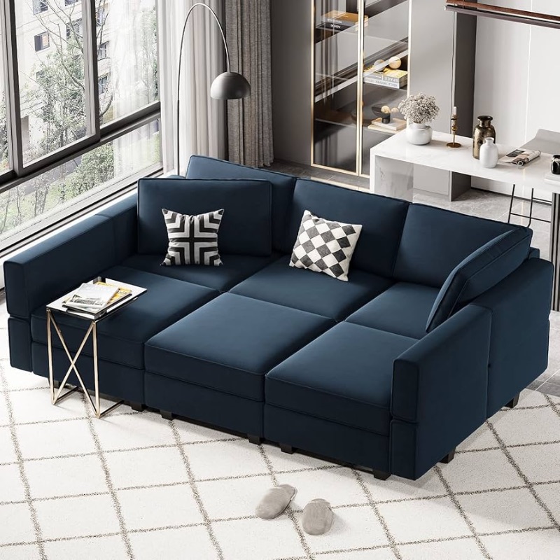 Photo 1 of Belffin Modular Velvet Sectional Sofa with Chaise Lounge Sectional Sleeper Sofa with Storage Chaise Sofa Bed Couch for Living Room Blue