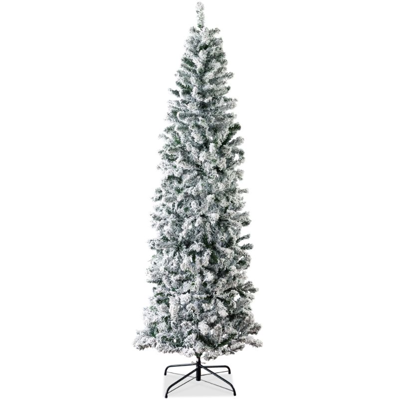 Photo 2 of Best Choice Products 6ft Snow Flocked Artificial Pencil Christmas Tree Holiday Decoration w/ Metal Stand