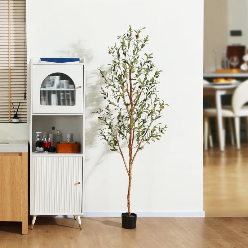 Photo 1 of 6 ft Artificial Olive Plants with Realistic Leaves and Natural Trunk, Silk Fake Potted Tree with Wood Branches and Fruits, Faux Olive Tree for Office Hom