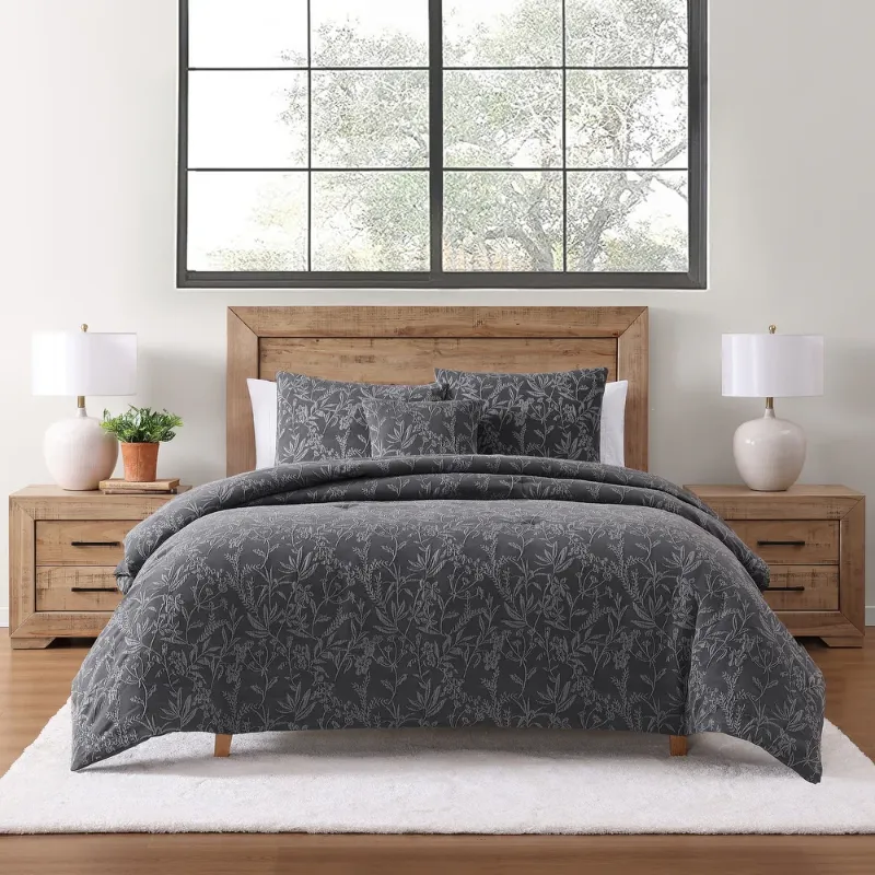 Photo 3 of DESIGN STUDIO Botanical Grey 4-Piece Stonewashed Jacquard Comforter Set