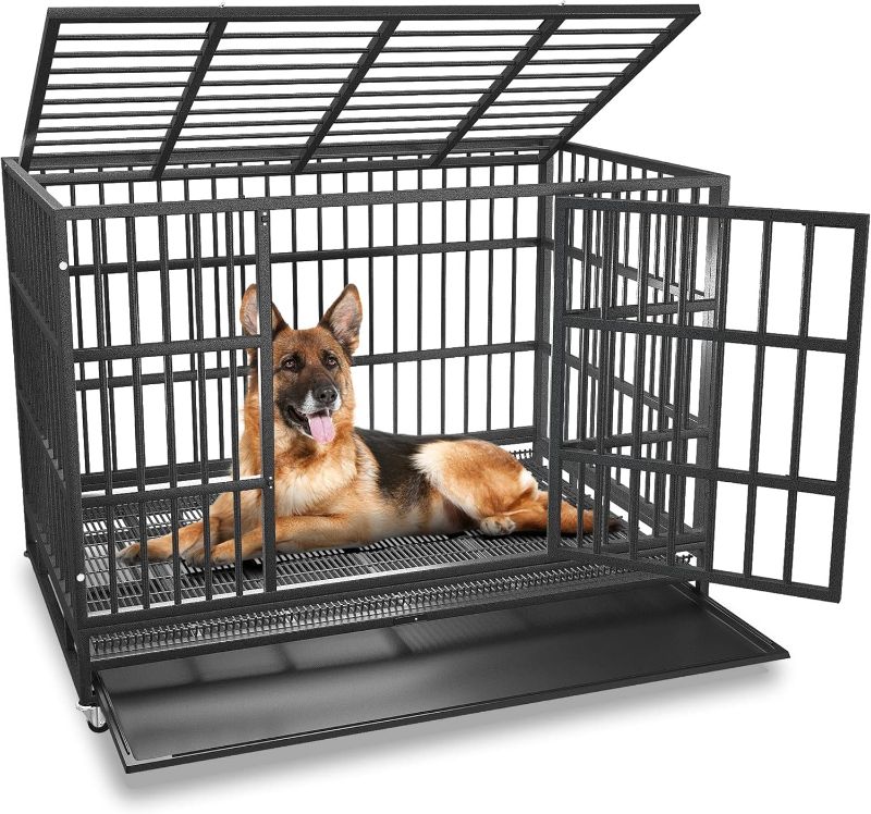 Photo 1 of 48 inch Heavy Duty Dog Crate with Self-Locking Latch, Indestructible Large Steel Kennel with Enclosed Design, Escape-Proof and Chew-Proof Pet Cage for High Anxiety Dogs