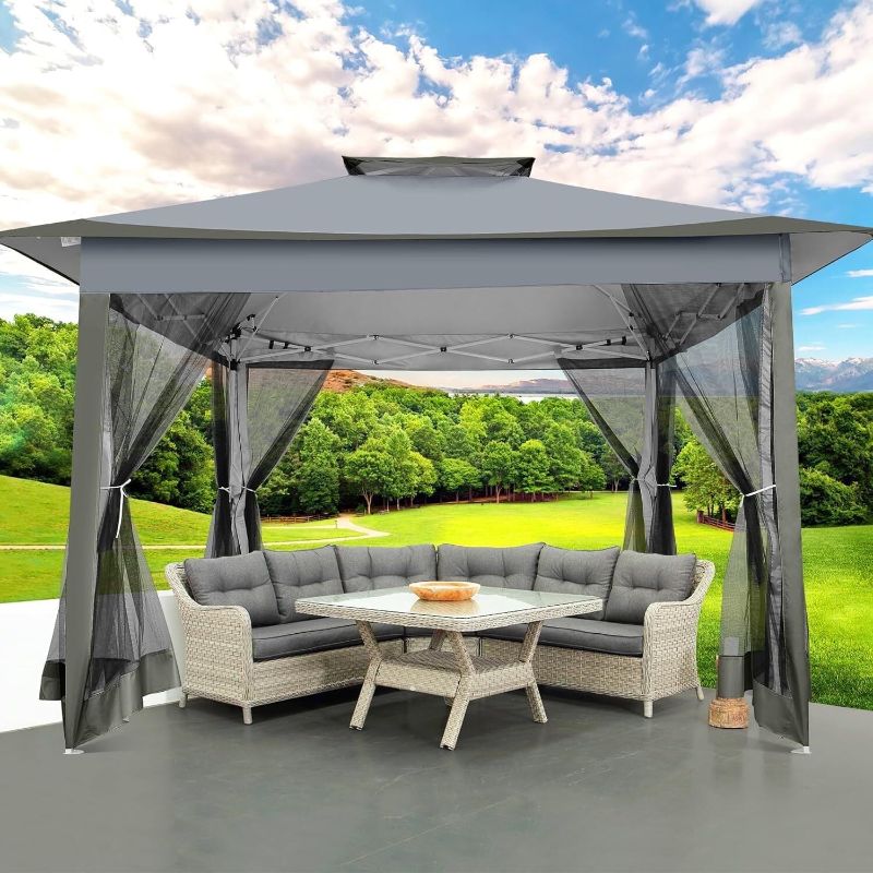 Photo 1 of COBIZI 12x12 Outdoor Gazebo Pop-up Gazebo Canopy with Mosquito Netting Patio Tent Backyard Canopy with 2-Tiered Vented Top 3 Adjustable Height, Dark Grey