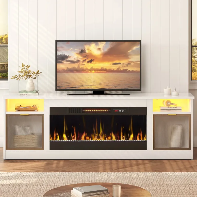 Photo 1 of Bestier 70 inch Fireplace TV Stand with 36" Electric Fireplace, High Gloss Entertainment Center for TVs up to 80 inch with LED Lights & Storage Cabinets, White.                 
 ***FACTORY SEALED***