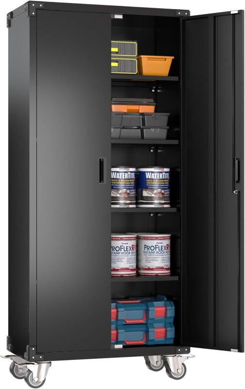 Photo 1 of Aobabo Garage Storage Cabinet with Wheels,72" H Metal Storage Cabinet with 2 Doors and 4 Adjustable Shelves for Garage Home Storage, Black,Required-Assembly.   ***SIMILAR***
