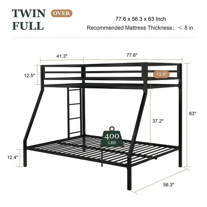 Photo 1 of Amolife Twin over Full Metal Bunk Bed with Removable Ladder, Full-Length Guardrail, Black