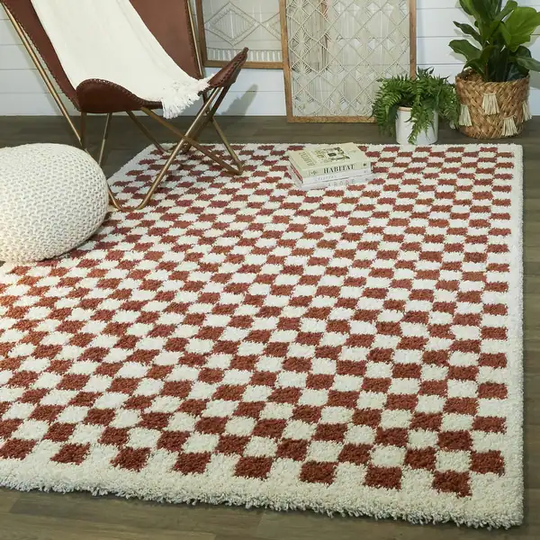Photo 1 of Covey Plush Checkered Thick Shag Area Rug