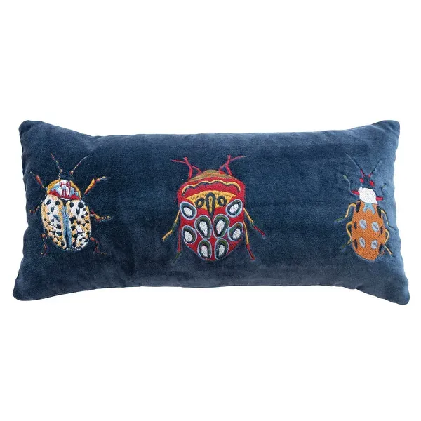 Photo 1 of 
Cotton Velvet Lumbar Pillow with Beetle Embroidery - 18.0"L x 8.0"W x 2.0"H