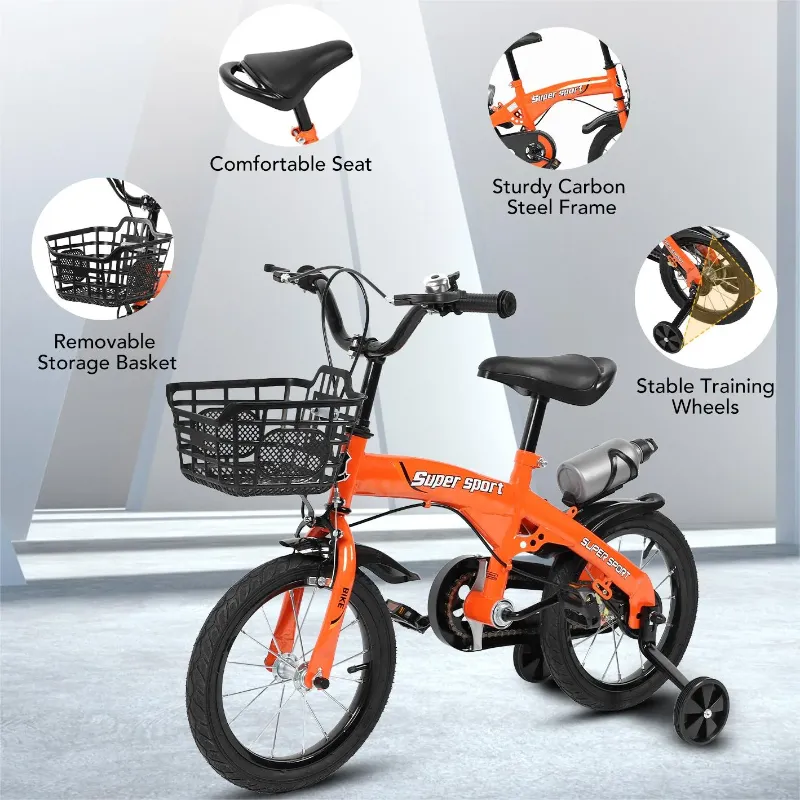 Photo 1 of 16" Kids Bike with Training Wheels, Height Adjustable Kid's Bicycle with Basket/Water Bottle/Inflator/Bell, Christmas Birthday New Year Xmas Gifts for Girls Boys Toddlers Kids 3 to 8 Years Old