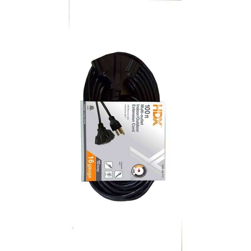 Photo 1 of 100 Ft. 16/3 Light Duty Indoor/Outdoor Extension Cord with Multiple Outlet Triple Tap End, Black