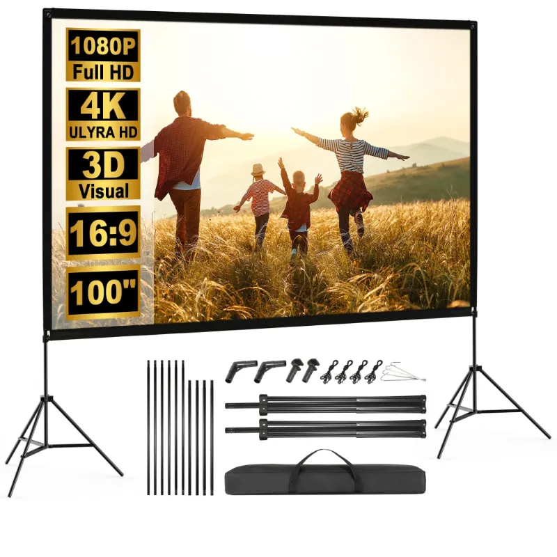 Photo 1 of 100" Projector Screen with Stand, Foldable Portable Movie Screen, 16:9 HD 4K Wrinkle-Free with Carry Bag, Projection Screen Indoor Outdoor Projector Movies Screen for Home Theater