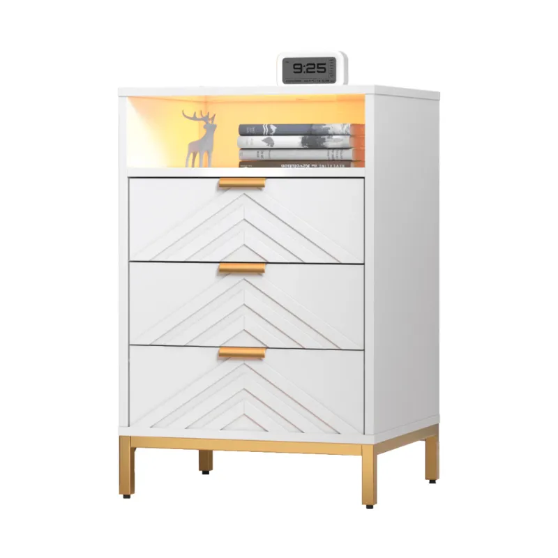 Photo 1 of ***JUST THE DRAWERS/PARTS ONLY/INCOMPLETE SET***MARNUR LED Nightstand with 3 Drawers, Charging Station, White Modern Night Table High Gloss End Side Table for Bedroom