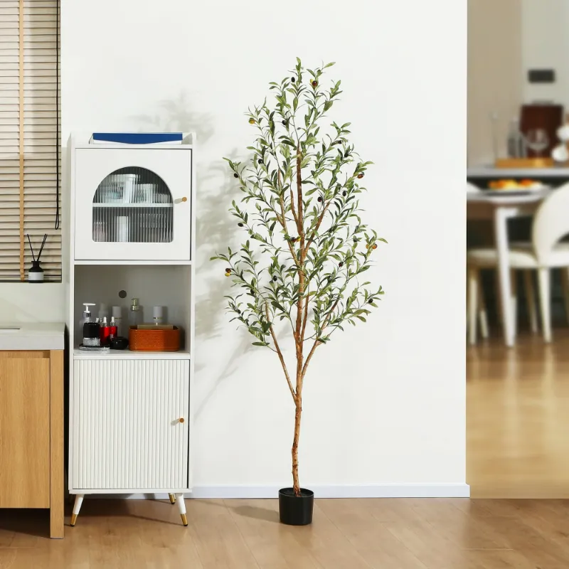 Photo 1 of 2 Pack 6 ft Artificial Olive Plants with Realistic Leaves and Natural Trunk, Silk Fake Potted Tree with Wood Branches and Fruits, Faux Olive Tree for Office Home Decor