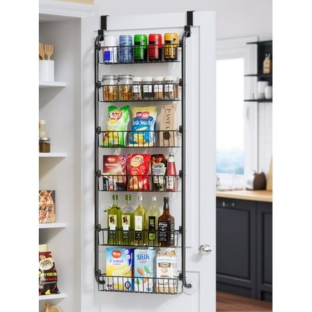 Photo 1 of 6 Tier Over the Door Pantry Organizer and Storage Rack with 6 Full Baskets Delamu Metal Hanging & Wall Mounted Kitchen Storage Spice Rack-Black