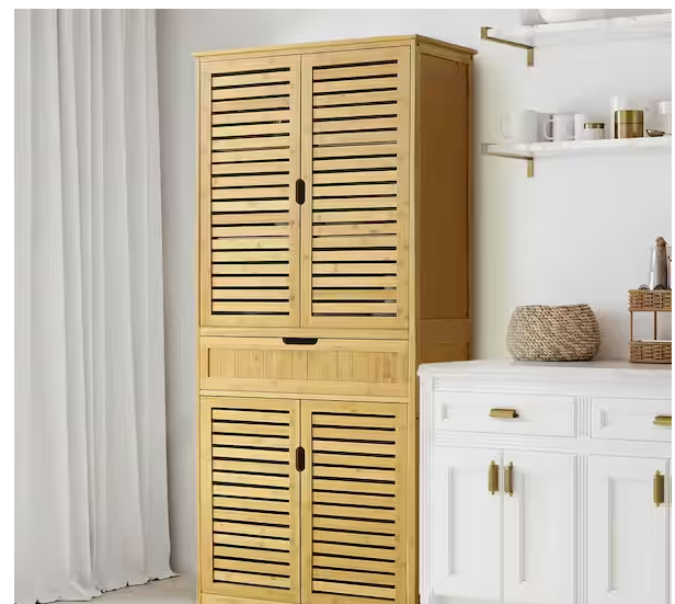 Photo 1 of 72 in. H Bamboo Kitchen Storage Pantry Cabinet Closet with Removable Shelves and Doors


