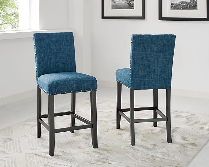 Photo 1 of Biony Blue Fabric Counter Height Stools with Nailhead Trim, Set of 2