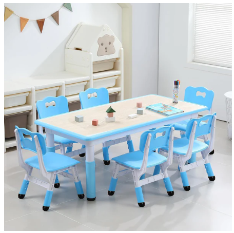 Photo 1 of  Kids Table and 6 chair Set,HeightAdjustable Toddler Arts & Crafts Table and Chair Setfor Ages 2-10,Max 300lbs Kids Activity Art Table forClassroom Daycares,Home,Blue
