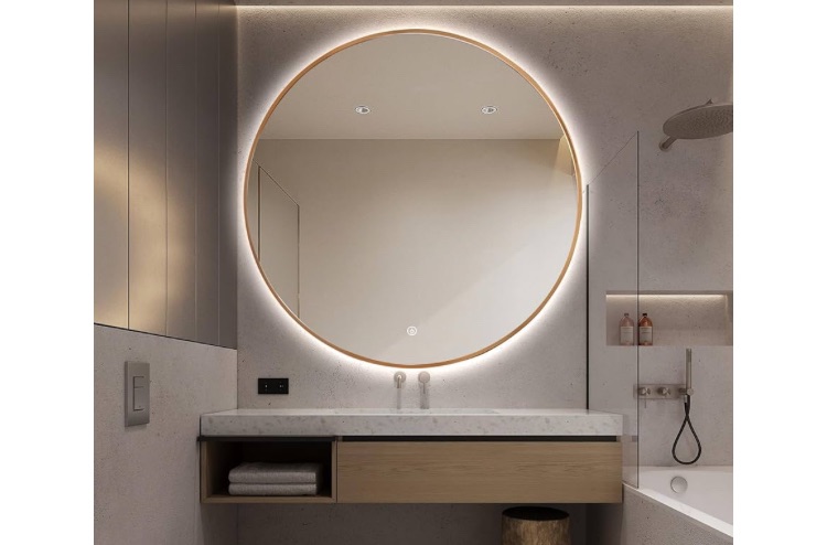 Photo 1 of 48" Round LED Bathroom Mirror, Wall Mounted Round Backlit Mirror LED Bathroom Vanity Mirror with Lights Fog Free Circle Lighted Mirror with Gold Frame, Smart Light up Mirror 3-Color