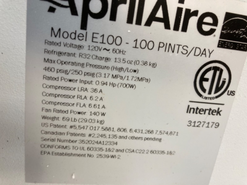 Photo 4 of AprilAire E100C Pro 100-Pint Whole-House Dehumidifier with Castors, Energy Star Certified, Commercial-Grade Whole-Home Dehumidifier for Basement, Crawlspace, or Whole House up to 5,500 sq. ft.