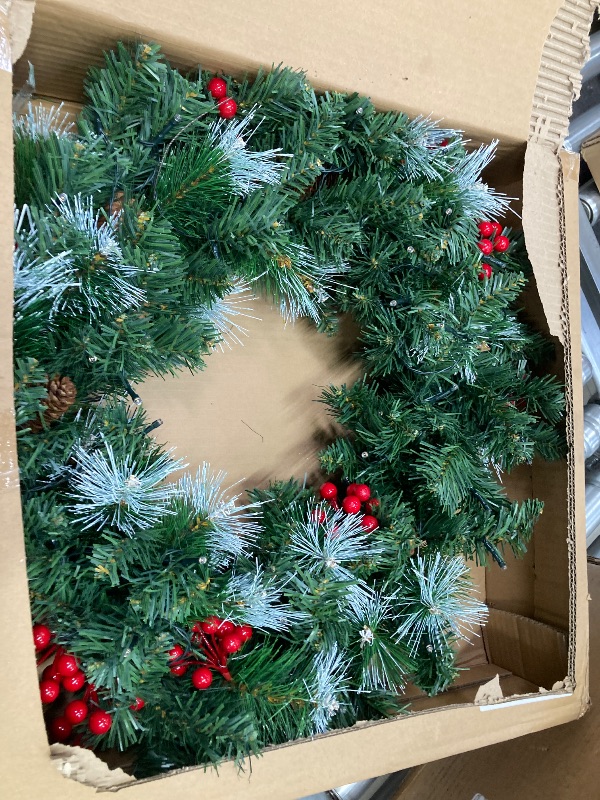 Photo 2 of 24" Pre- Artificial Christmas Wreaths for Front Door Decorated with Pine Cones, Red Berries, Frosted Branches, 50 LED Lights for Indoor Outdoor Christmas Decorations