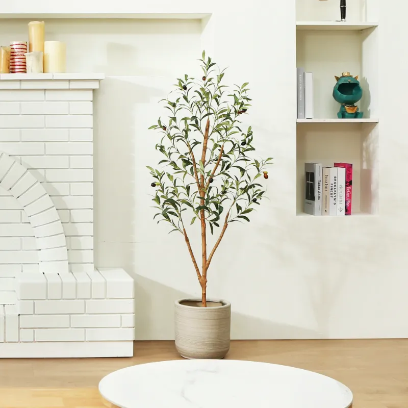 Photo 1 of 4 ft Artificial Olive Plants with Realistic Leaves and Natural Trunk, Silk Fake Potted Tree with Wood Branches and Fruits, Faux Olive Tree for Office Home
