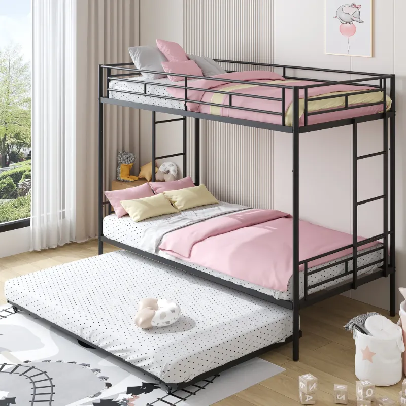 Photo 1 of  Metal Twin Over Twin Bunk Beds with Trundle Bed, Twin Bunk Beds for Kids Adults Teens, Bunk Bed Can Be Divided Into 2 Twin Beds with Trundle, 2 Ladders, No Box Spring Need, Black