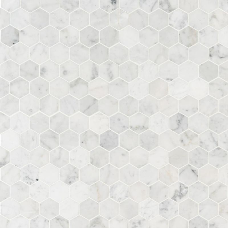 Photo 1 of Carrara White Hexagon 12 in. X 12 in. X 8mm Honed Marble Mesh Mounted Mosaic Tile (9.8 Sq. Ft./ Case)