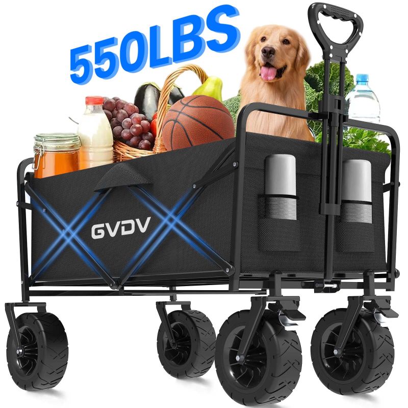 Photo 1 of GVDV Collapsible Folding Wagon, 550LBS Large Heavy Duty Utility Cart with All-Terrain Wheels and Adjustable Handles for Shopping, Camping, Sports, Outdoor, Beach, Black
