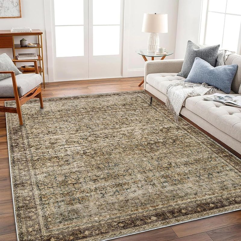 Photo 1 of Area Rug 6x9 Washable Rug Dark Brown Vintage Rug Traditional Distressed Thin Rug Retro Kitchen Indoor Floor Cover Non Slip Carpet Floral Print Mat Living...
