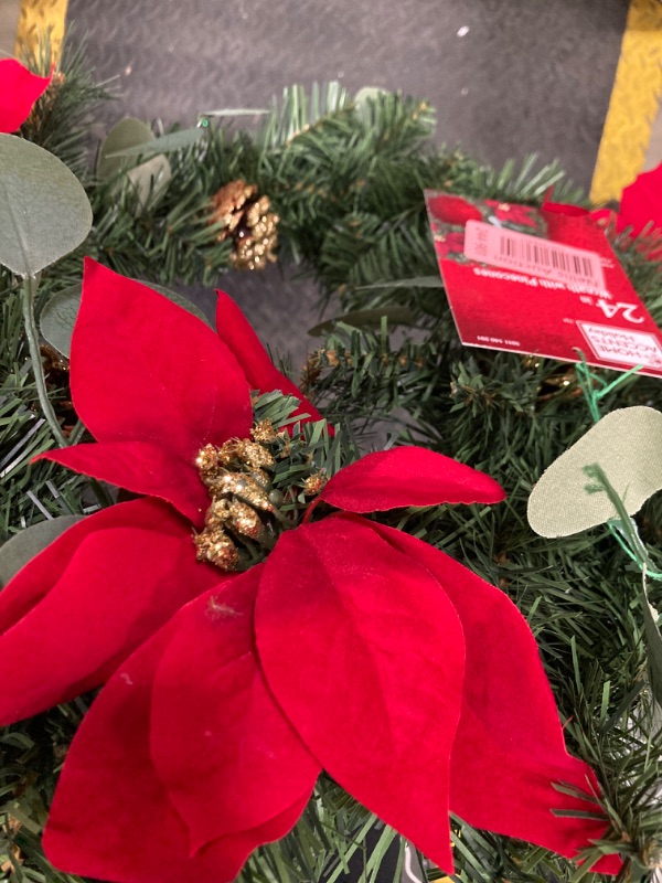 Photo 1 of 24 in. Artificial Wreath Pinecones Poinsettia Flowers
