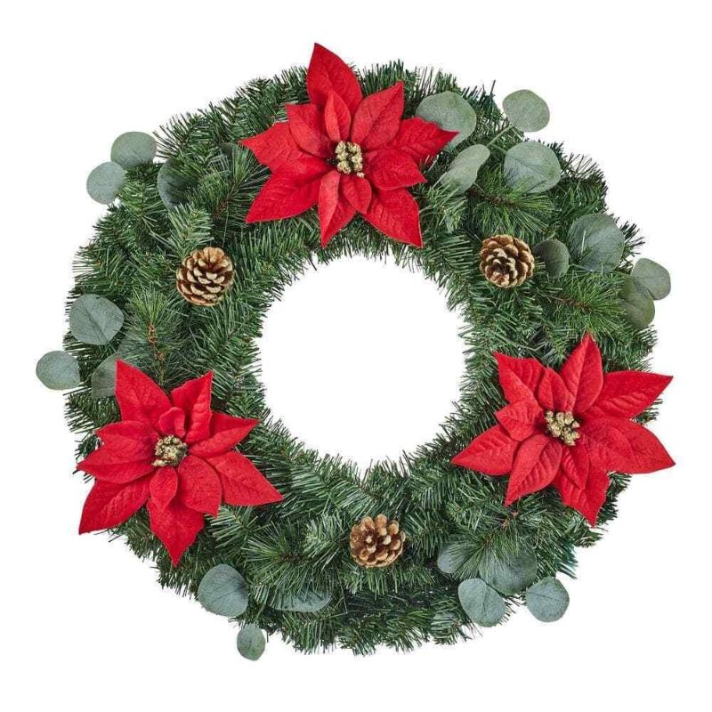 Photo 1 of 24 in. Artificial Wreath Pinecones Poinsettia Flowers
