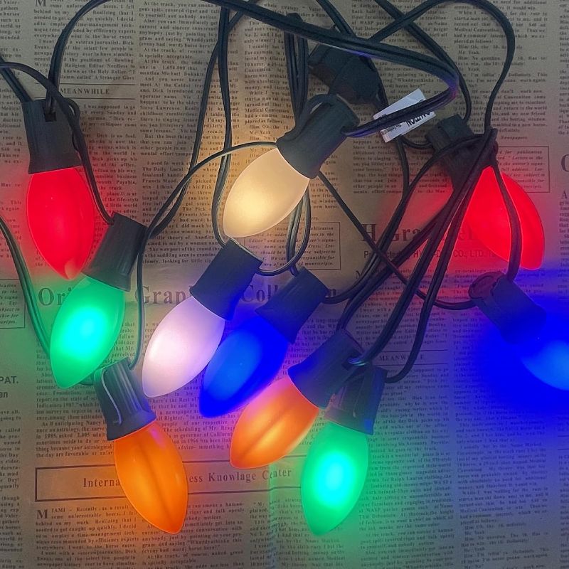 Photo 1 of ****HALF LIGHTS DONT WORK****Vintage C9 LED Christmas Lights Outdoor, 50 Feet C9 String Lights with 50 Colored Shatterproof Bulbs, Connectable Waterproof Lights for Holiday Party Roofline Backyard Garden Patio, Green Wire
