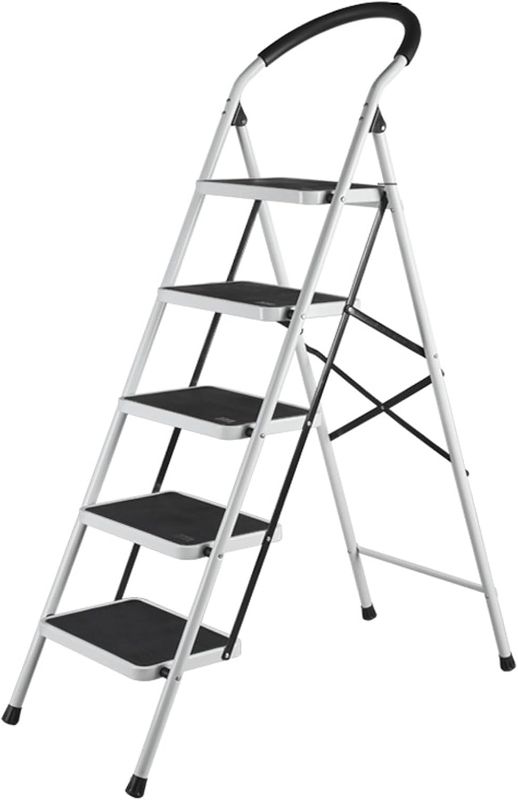 Photo 1 of 5 Step Ladder, Upgo Folding Step Stool with Extra Wide Anti-Slip Pedal, 330lbs Lightweight Portable Sturdy Steel Ladders with Handgrip for Household Kitchen Office Outdoor
