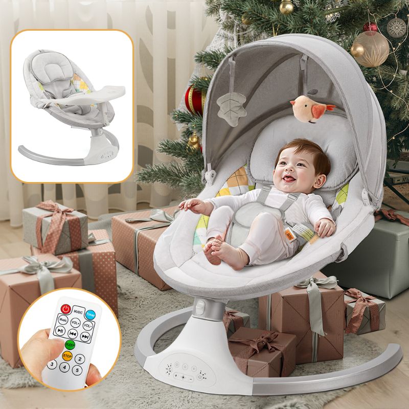 Photo 1 of Baby Swing for Infants, Baby Rocker with Dinner Plate, 5 Swing Speeds, Adapter Battery Operated, Indoor Outdoor, Grey
