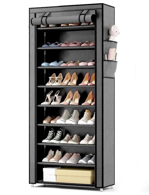 Photo 1 of 10 Tier Shoe Rack with Covers,Large Capacity Stackable Tall Shoe Organizer Storage Shoes and Boots - Sturdy Metal Free Standing Shoe Shelf for Closet Entryway Garage
