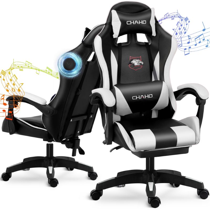 Photo 1 of ***missing pieces, parts only*** Gaming Chair, CHAHO Ergonomic Office Gaming Chair Computer Racing Chair with Footrest Lumbar Support Headrest and Bluetooth Speakers for adults, White
