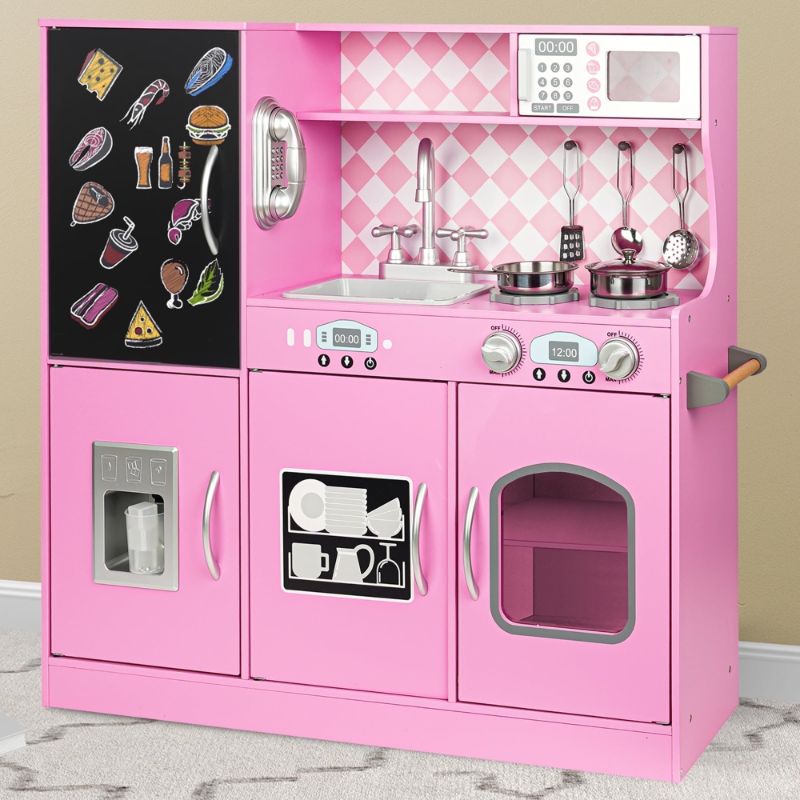 Photo 1 of COCLUB Play Kitchen, Wooden Kids Kitchen Playset with Chalkboard, Ice Maker, Play Phone, Cookware Accessories, Microwave Toy Kitchen Gift for Boys Girls Age 3-8 Pink
