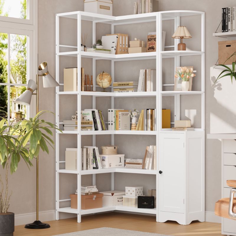 Photo 1 of ===SIMILAR==Homfa 5-Tiers L-Shaped Bookshelf Storage Organizer with Corner Bookcase, 71'' Tall Corner Etagere Bookshelf, Wood and Metal Storage Rack for Living Room Home Office, White