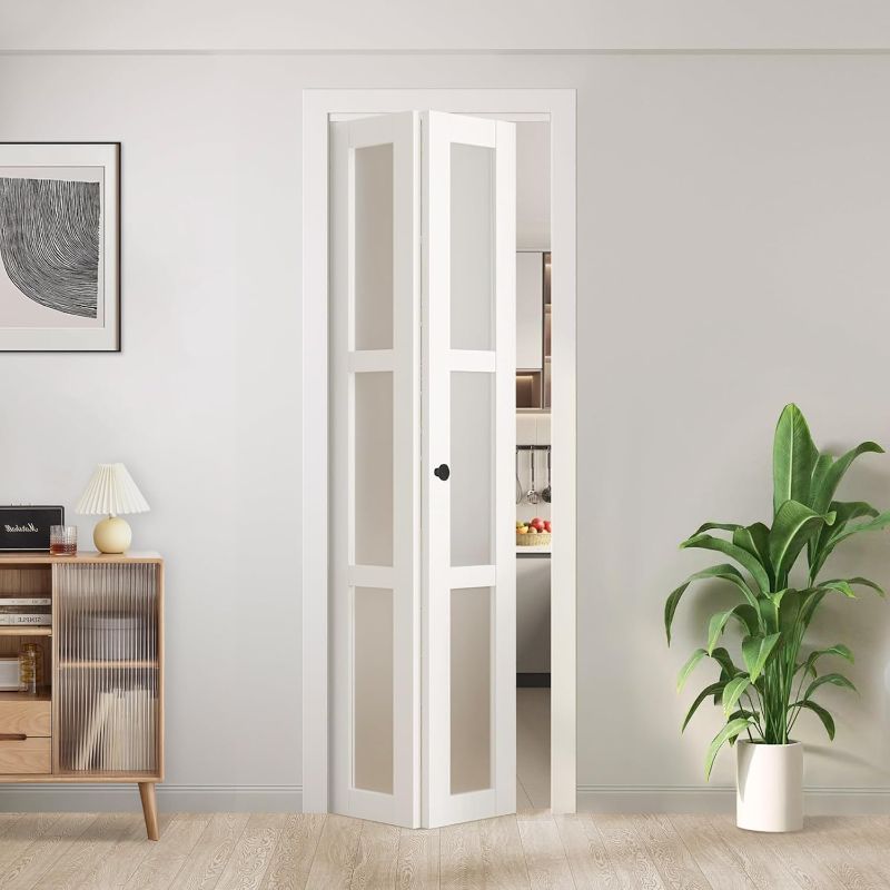 Photo 1 of Bifold Doors, for 30"x 80" Opening, JUBEST 3-lite Tempered Frosted Glass Closet Folding Barn Door with Hardware Kit, MDF Closet Door with Water-Proof PVC Surface, White