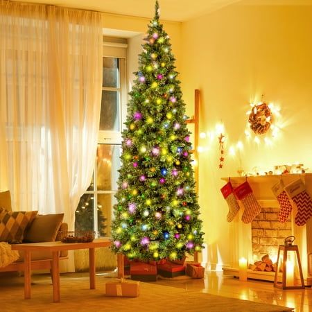 Photo 1 of ***broken stand*** Melliful 7FT Pre-Lit Slim Pencil Artificial Christmas Tree 200 Multi-colored LED Lights Fake Xmas Tree with Durable Metal Legs 1100 Tips Green