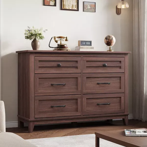 Photo 1 of 6 Dresser for Bedroom, 47" Wide Dresser, Wide Drawer Dresser with Storage Freestanding, Wooden Closet Dresser Storage Chest for Bedroom, Walnut
