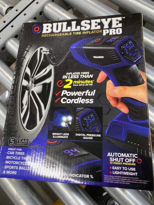 Photo 1 of Bullseye Pro Tire Inflator Portable Air Compressor, Car Tire Inflator Portable, Portable Air Pump for Car Tires - 150PSI, 12V DC 1500 mAhs with Tire Pressure Gauge, Rechargeable As Seen On TV(Blue)