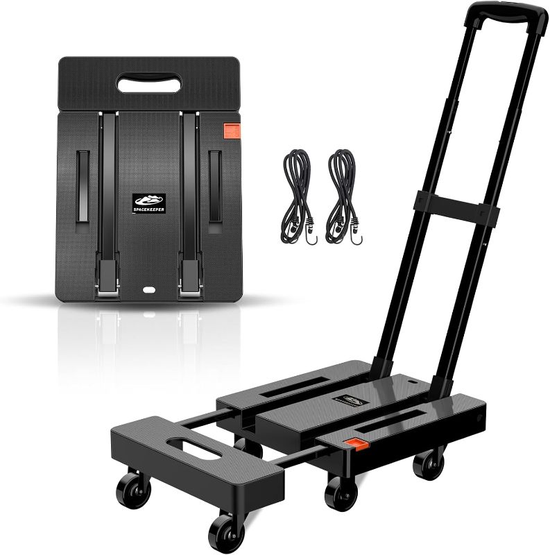 Photo 1 of ****ONE WHEEL NOT ATTACHED/NO ELASTIC ROPES****SPACEKEEPER Folding Hand Truck, 500 LB Heavy Duty Luggage Cart, Utility Dolly Platform Cart with 6 Wheels & 2 Elastic Ropes for Luggage, Travel, Moving, Shopping, Office Use, Black