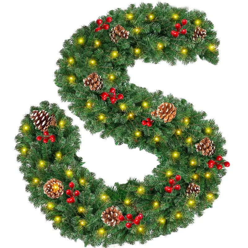 Photo 1 of 9ft Pre- Christmas Garland for Outdoor Indoor, Artificial Christmas Garlands with 50 LED Light Battery Operated Red Berries White Pine Cones Garland for Holiday Xmas Decoration