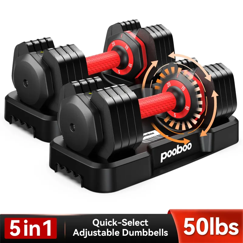 Photo 1 of (1 Pair) pooboo 50lbs Quick Select Adjustable Dumbbells for Home Gym 5 in 1 Free Weights 5/10/15/20/25lb/50lb Dumbbell with Anti-Slip Handle, Suitable for Home Gym Exercise Equipment
