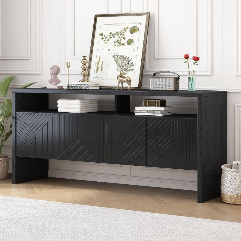 Photo 1 of 57.9'' Modern Storage Cabinet Sideboard with Double-Storey Tabletop and Ample Storage Space, Wood Accent Cabinet with 4 Doors, Console Table for Living Room Dining Room Entryway
