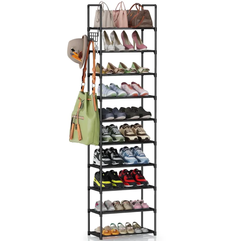 Photo 1 of 10 Tier Metal Shoes Rack, BUG HULL Narrow Stackable Shoes Shelf with Hooks, Shoe Tower for 20-24 Pairs Shoe and Boots Organizer, Black
