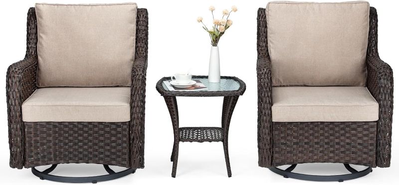 Photo 1 of 3-Piece Rattan Rocking Swivel Chairs Set with Side Table and Cushions - Patio Conversation Furniture for Outside Porch, Deck, Balcony, Garden, Backyard
