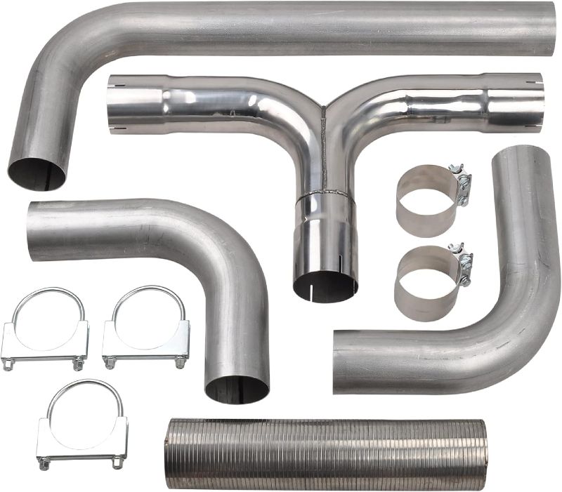 Photo 1 of 4' Inch T  Kit Dual Smoker Exhaust Stack System Dual Diesel Stack Kit Compatible with Chevy Dodge Ford Full Size Pickup Truck Universal Aluminized Steel Silver