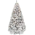 Photo 1 of 5 Ft Pre- Christmas Tree Snow Flocked Full Prelighted Artificial Xmas Tree Hinged Pine Tree w/ Metal Stand,8 Lighting Modes