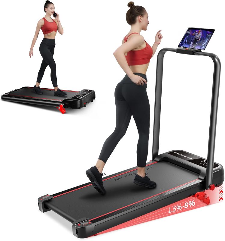 Photo 1 of ****PARTS ONLY/DOES NOT TURN ON***RHYTHM FUN Incline Foldable Treadmill, Walking Pad Treadmill with Incline, 300 lbs Portable Treadmill with Handles for Home Office Use, Under Desk Compact Treadmill with LED Display & APP